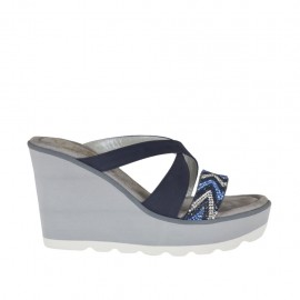 Woman's open mules with platform and rhinestones in blue nubuck leather wedge heel 8 - Available sizes:  42