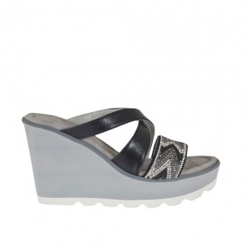 Woman's open mules with platform and rhinestones in black leather wedge heel 8 - Available sizes:  42