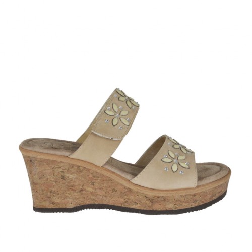 Woman's open mules with platform, velcro strap and rhinestones in beige nubuck leather wedge heel 6 - Available sizes:  43