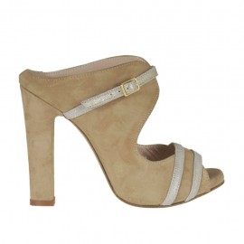 Mule ouvert pour femmes en daim beige et lamé argent avec courroie, plateforme et talon 9 - Pointures disponibles:  31, 34