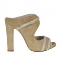 Woman's open mules with strap in beige and silver laminated suede with platform and heel 9