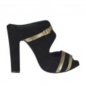 Woman's open mules with strap in black suede and platinum laminated leather with platform and heel 9