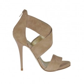 Scarpa aperta da donna con cerniera e plateau in camoscio beige tacco 10 - Misure disponibili: 42