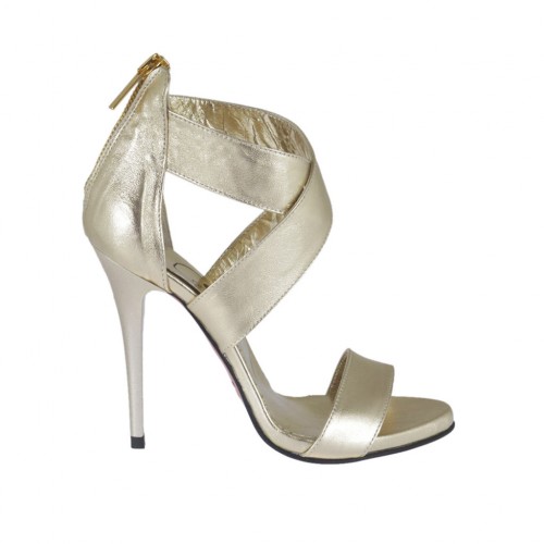 Zapato abierto con plataforma, tiras cruzadas y cremallera en piel laminada platino tacon 10 - Tallas disponibles:  34, 42