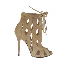 Scarpa aperta da donna con plateau, lacci e cerniera in camoscio beige tacco 10 - Misure disponibili: 31