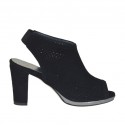 Woman's highfronted sandal with elastic and platform in black pierced suede heel 8