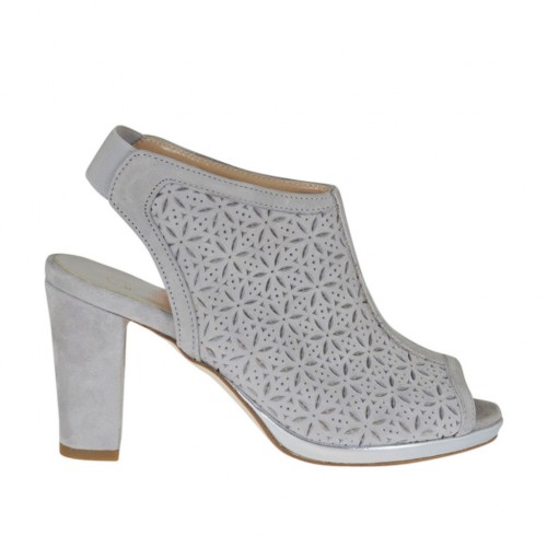 Sandalo accollato da donna con elastico e plateau in camoscio forato grigio tacco 8 - Misure disponibili: 43, 45