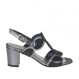 Woman's sandal in black leather and patent leather and gunmetal laminated leather heel 6 - Available sizes:  32, 43