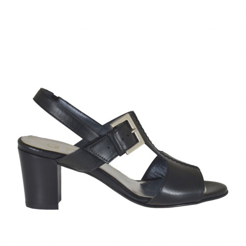 Sandalo con elastico e fibbia da donna in pelle nera tacco 6 - Misure disponibili: 42