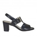 Woman's sandal with elastic and buckle in black leather heel 6