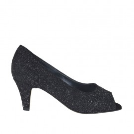 Scarpa da donna aperta in punta in pelle stampata glitterata nera tacco 6 - Misure disponibili: 33
