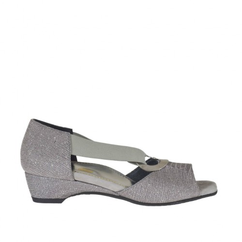 Scarpa aperta da donna in pelle stampata glitterata grigio con elastico e anello metallico zeppa 3 - Misure disponibili: 32, 45