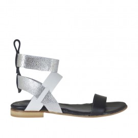 Woman's sandal with velcro strap in black, white and silver laminated leather heel 1 - Available sizes:  34, 42