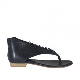 Scarpa aperta infradito da donna con cerniera e lacci in pelle nera tacco 1 - Misure disponibili: 42