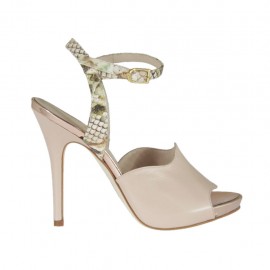 Woman's strap sandal in powder rose leather and beige printed leather with platform and heel 10 - Available sizes:  32, 42, 45