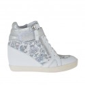 Woman's laced shoe with velcro strap and zippers in white, floral printed and  laminated printed silver leather wedge 7