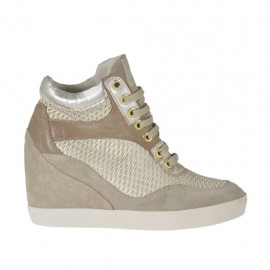 Woman's laced shoe in taupe suede and leather, white and platinum pierced fabric and laminated printed silver leather wedge 7 - Available sizes:  42