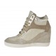 Woman's laced shoe in taupe suede and leather, white and platinum pierced fabric and laminated printed silver leather wedge 7 - Available sizes:  42