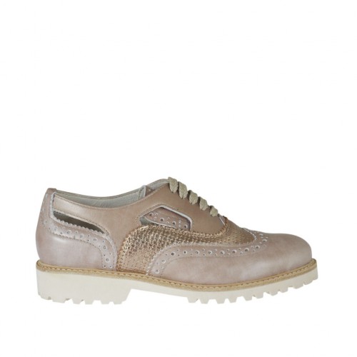 Zapato para mujer abierto al lado con cordones en piel rose y laminada imprimida trensada cobre tacon 3 - Tallas disponibles:  44