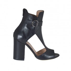 Scarpa accollata aperta da donna con cinturino e cerniera in pelle nera tacco 8 - Misure disponibili: 42