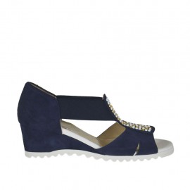 Scarpa aperta da donna in camoscio blu con elastici e borchie zeppa 4 - Misure disponibili: 43, 45
