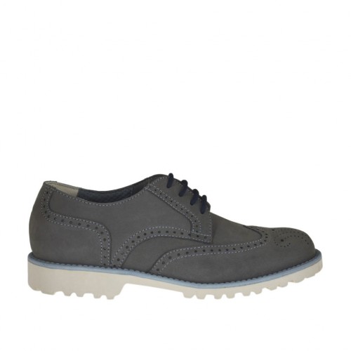 Scarpa casual stringata con lavorazioni Brogue da uomo in nabuk grigio - Misure disponibili: 37, 46