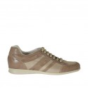 Men's laced casual shoe in taupe leather and fabric