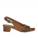 Woman's sandal in pierced tan brown leather heel 3