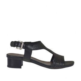 Woman's sandal in pierced black leather heel 3 - Available sizes:  32