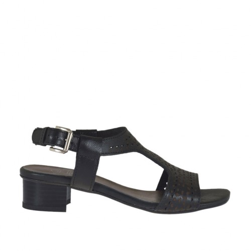 Woman's sandal in pierced black leather heel 3 - Available sizes:  32