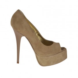 Escarpin à bout ouvert avec plateforme en daim beige talon 13 - Pointures disponibles:  42