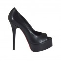 Woman's open toe pump with platform in black leather heel 13