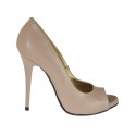 Woman's open toe pump with platform in powder rose leather heel 10