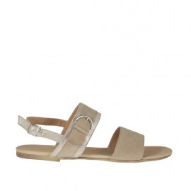 Sandalo da donna con fibbia in camoscio taupe e pelle stampata laminata platino tacco 1 - Misure disponibili: 42