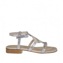 Silberne bedruckte Damenriemsandale mit bunten Strasssteinen Absatz 2 - Verfügbare Größen:  32