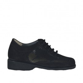 Woman's laced shoe in black nubuck leather and pierced fabric wedge heel 3 - Available sizes:  33, 43