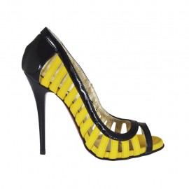 Escarpin ouvert pour femmes en cuir verni noir et cuir jaune talon 10 - Pointures disponibles:  31, 32