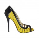 Woman's open shoe in black patent leather and yellow leather heel 10