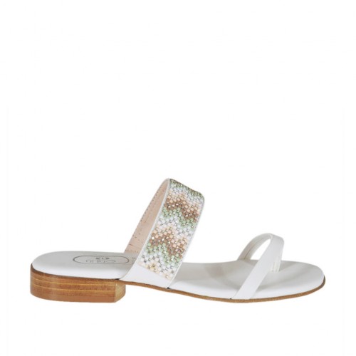 Offene weisse Damenzehenpantolette mit bunten Strasssteinen Absatz 2 - Verfügbare Größen:  42, 43
