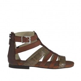 Scarpa aperta da donna con cerniera e fibbia in pelle cuoio e marrone e pelle stampata taupe e beige tacco 1 - Misure disponibili: 33