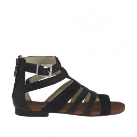 Scarpa aperta da donna con cerniera e fibbia in pelle nera e nabuk stampato nero tacco 1 - Misure disponibili: 33