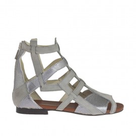 Chaussure ouverte pour femmes avec fermeture éclair en nubuck gris et cuir imprimé lamé argent talon 1 - Pointures disponibles:  33