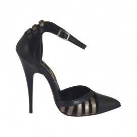 Chaussure ouverte pour femmes avec courroie a la cheville en cuir noir et lamé bronce à canon talon 11 - Pointures disponibles:  34, 42