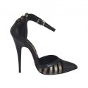 Woman's open shoe with ankle strap in black leather and bronze grey laminated leather heel 11
