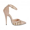 Woman's open shoe with ankle strap in rose leather and platinum laminated leather heel 11