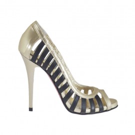 Escarpin ouvert pour femmes en cuir noir et cuir lamé platine talon 10 - Pointures disponibles:  31
