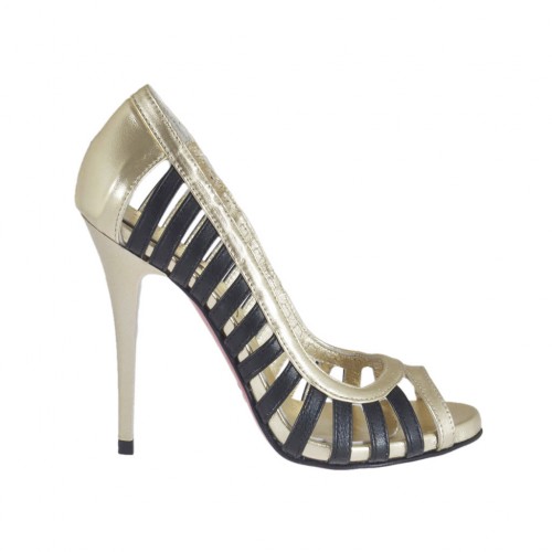 Scarpa aperta da donna in pelle nera e pelle laminata platino tacco 10 - Misure disponibili: 31
