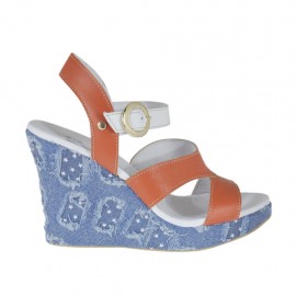Woman's strap sandal in tan brown and white leather and jeans fabric with platform and wedge heel 9 - Available sizes:  31, 33, 34, 42, 43, 44, 45