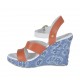 Sandalo da donna in pelle cuoio e bianca e tessuto jeans con cinturino e plateau con zeppa 9 - Misure disponibili: 31, 33, 34, 42, 43, 44, 45