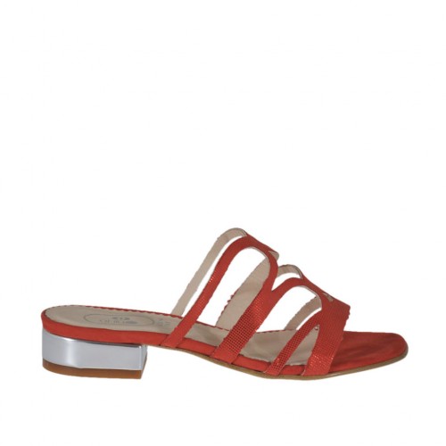 Sabo abierto para mujer en gamuza imprimida rojo brillante y charol plateado tacon 2 - Tallas disponibles:  32, 42